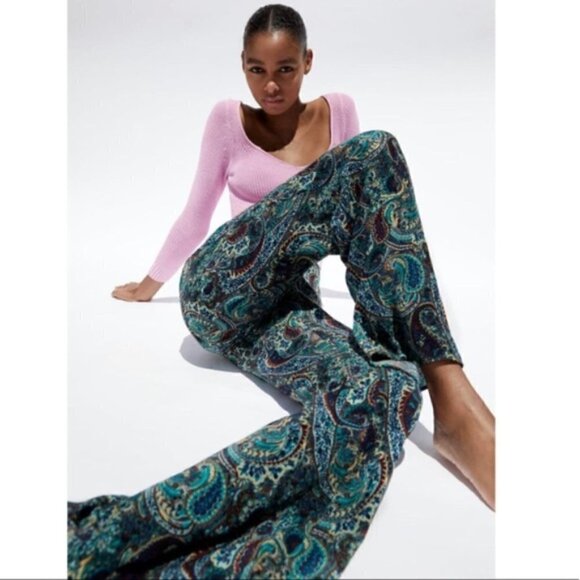 Zara Printed Flared High Waisted Green Paisley Pants NWT Size Small - Picture 6 of 16
